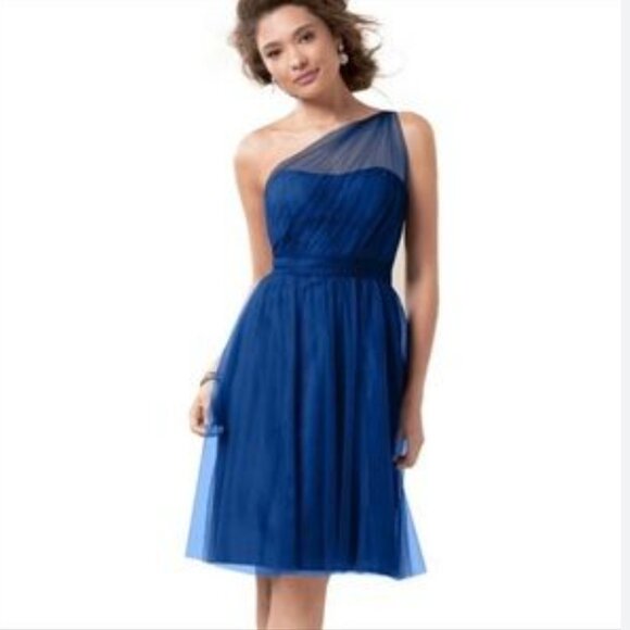 Alfred Angelo Blue Sheer Single-Shoulder Modern Vintage Bridesmaid Gown 0 - Picture 1 of 9